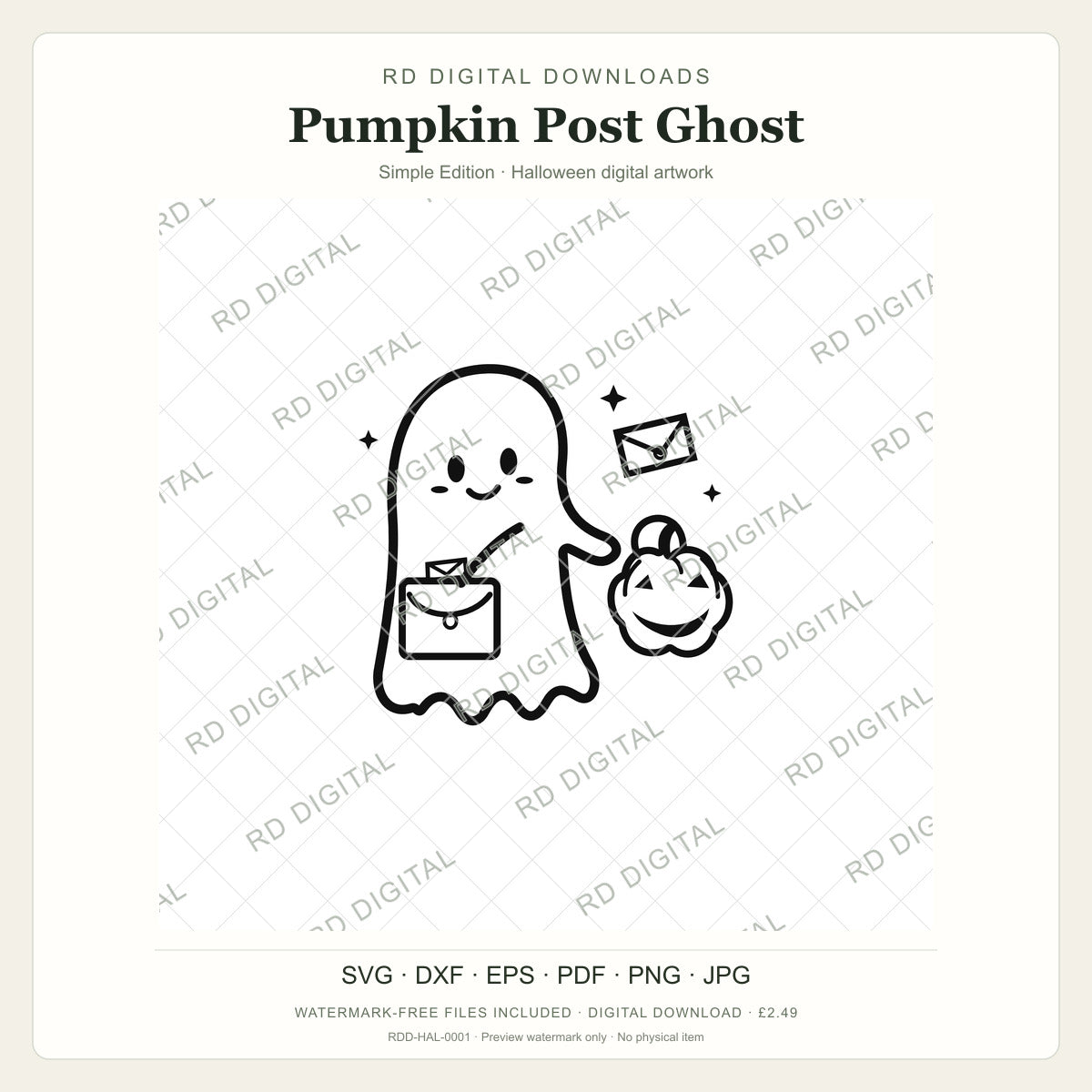 Watermarked Pumpkin Post Ghost, Simple Edition Halloween digital artwork; customer files are supplied without the watermark.