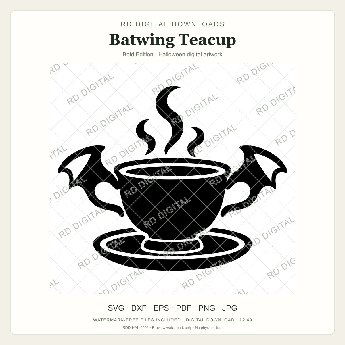 Watermarked Batwing Teacup, Bold Edition Halloween digital artwork; customer files are supplied without the watermark.