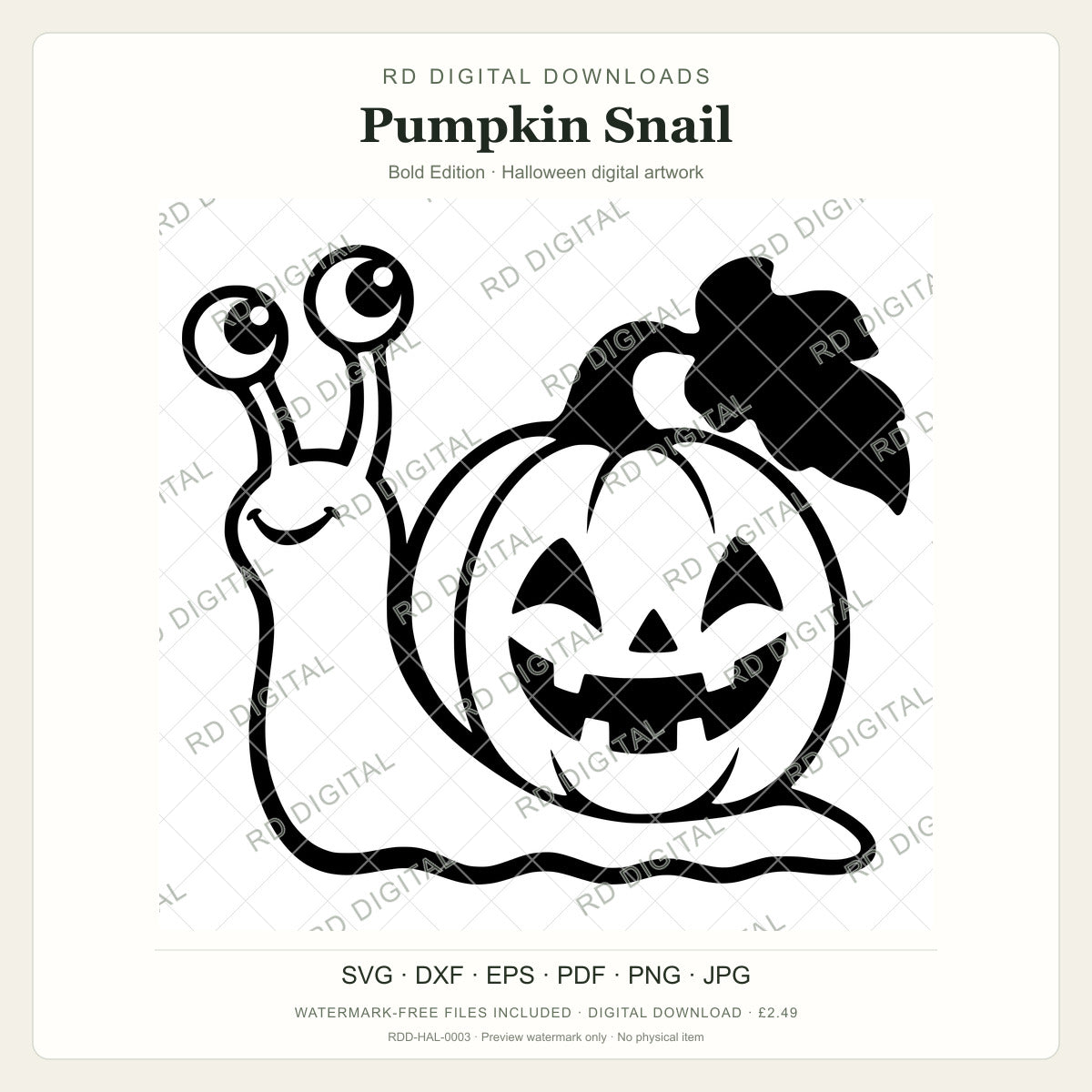 Watermarked Pumpkin Snail, Bold Edition Halloween digital artwork; customer files are supplied without the watermark.