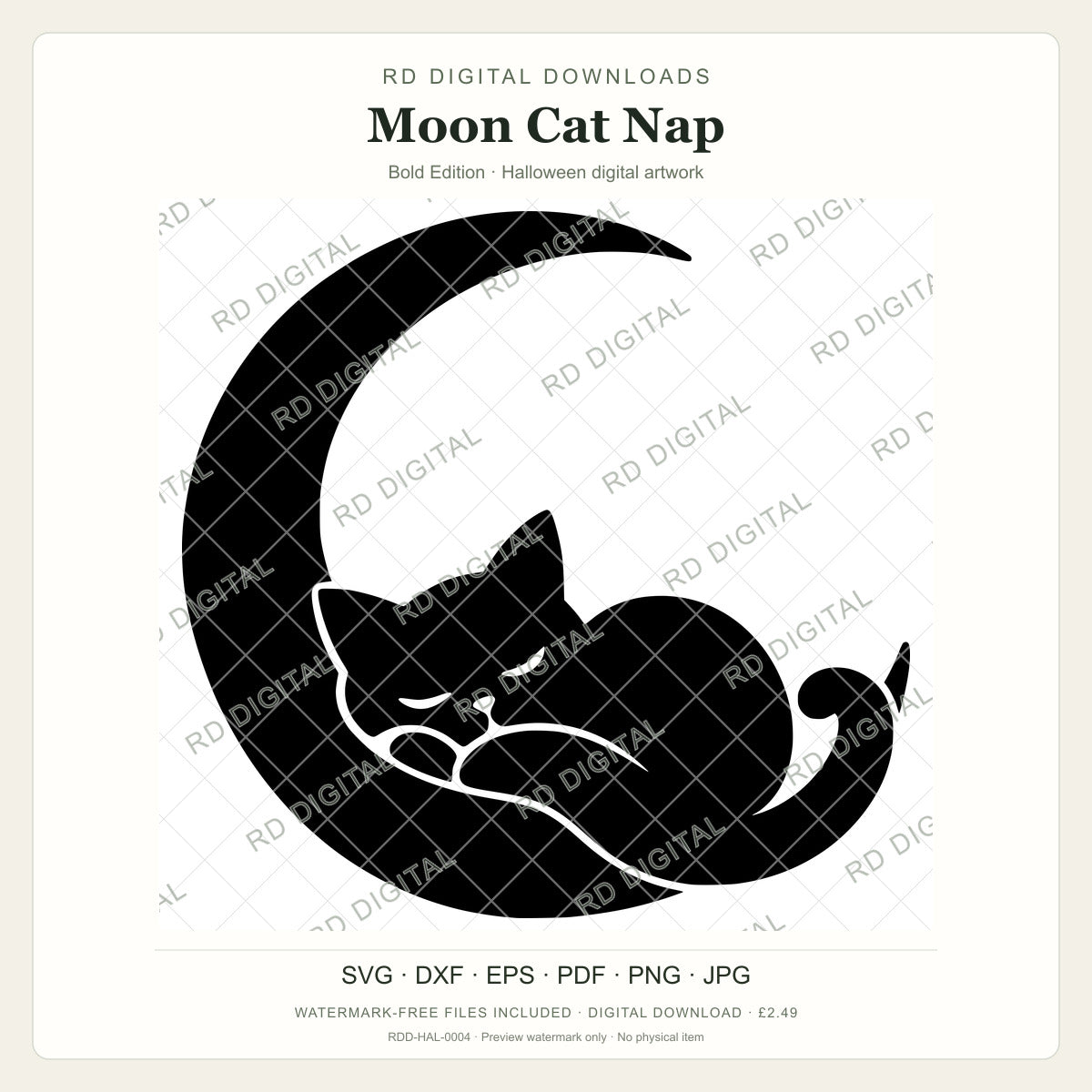 Watermarked Moon Cat Nap, Bold Edition Halloween digital artwork; customer files are supplied without the watermark.