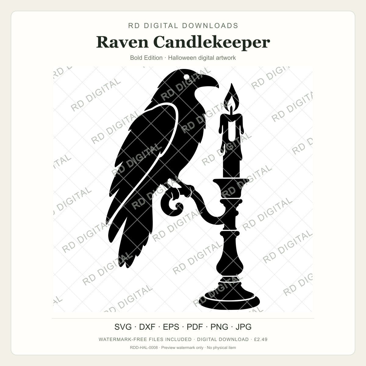Watermarked Raven Candlekeeper, Bold Edition Halloween digital artwork; customer files are supplied without the watermark.