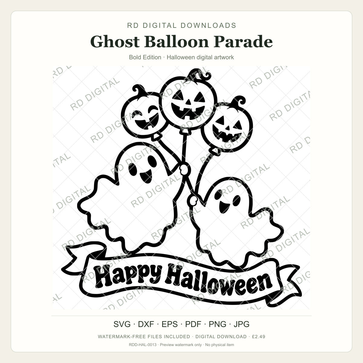 Watermarked Ghost Balloon Parade, Bold Edition Halloween digital artwork; customer files are supplied without the watermark.