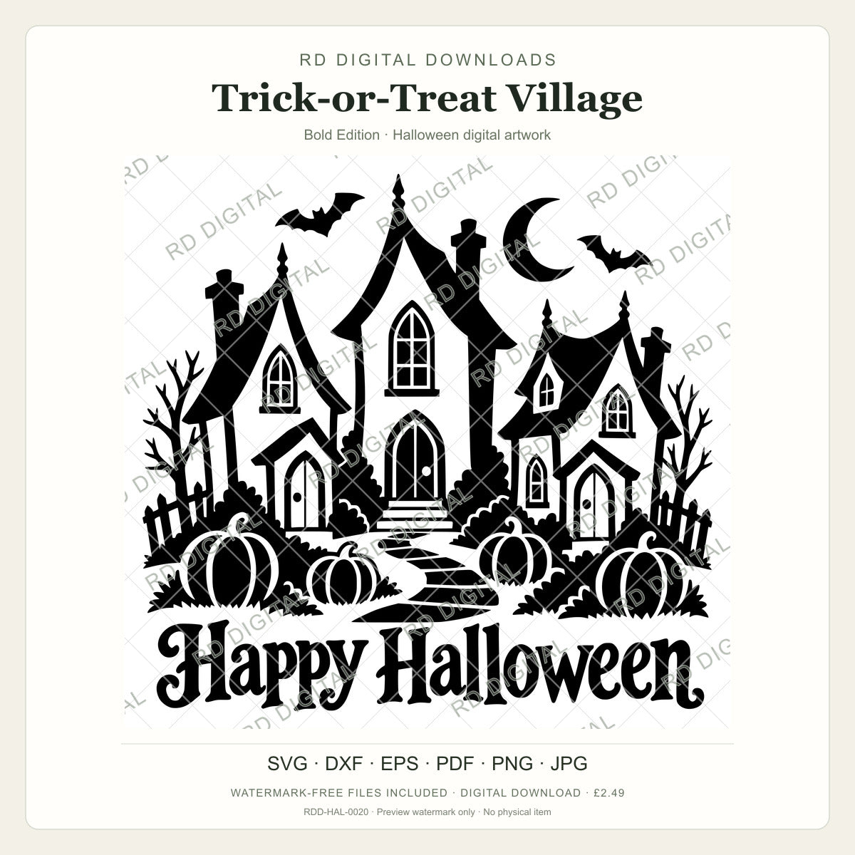 Watermarked Trick-or-Treat Village, Bold Edition Halloween digital artwork; customer files are supplied without the watermark.