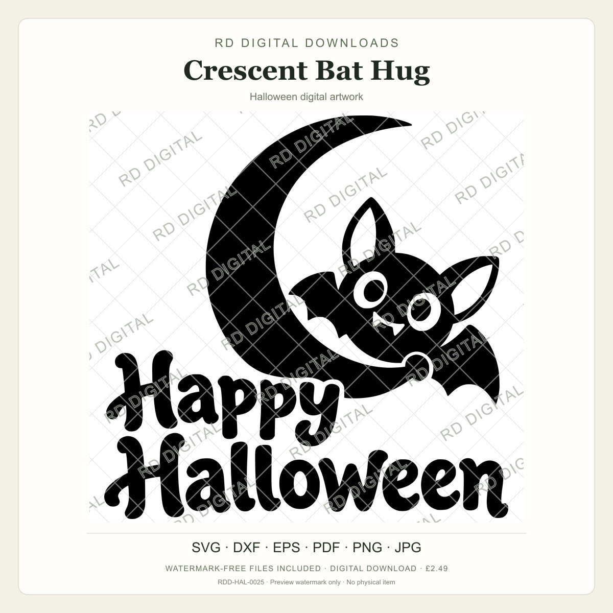 Watermarked Crescent Bat Hug Halloween digital artwork; customer files are supplied without the watermark.