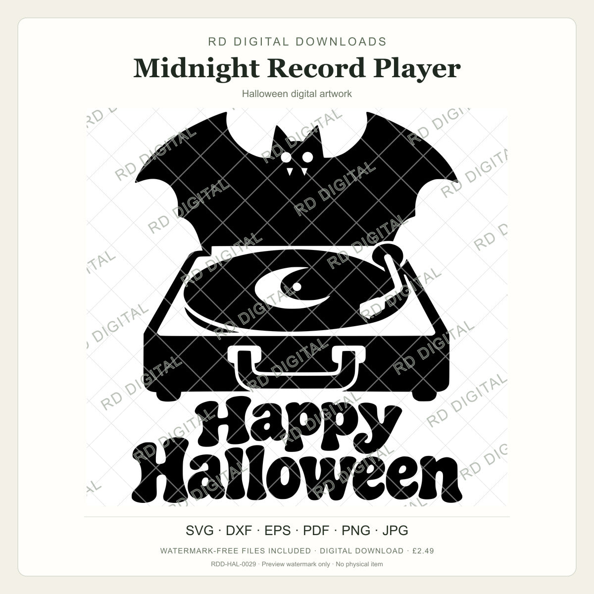 Watermarked Midnight Record Player Halloween digital artwork; customer files are supplied without the watermark.