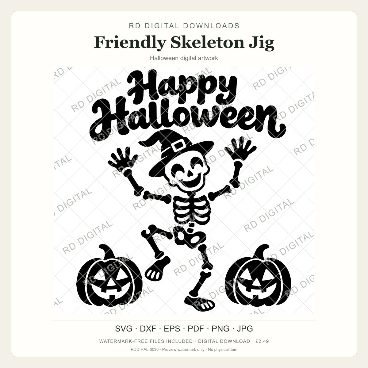 Watermarked Friendly Skeleton Jig Halloween digital artwork; customer files are supplied without the watermark.