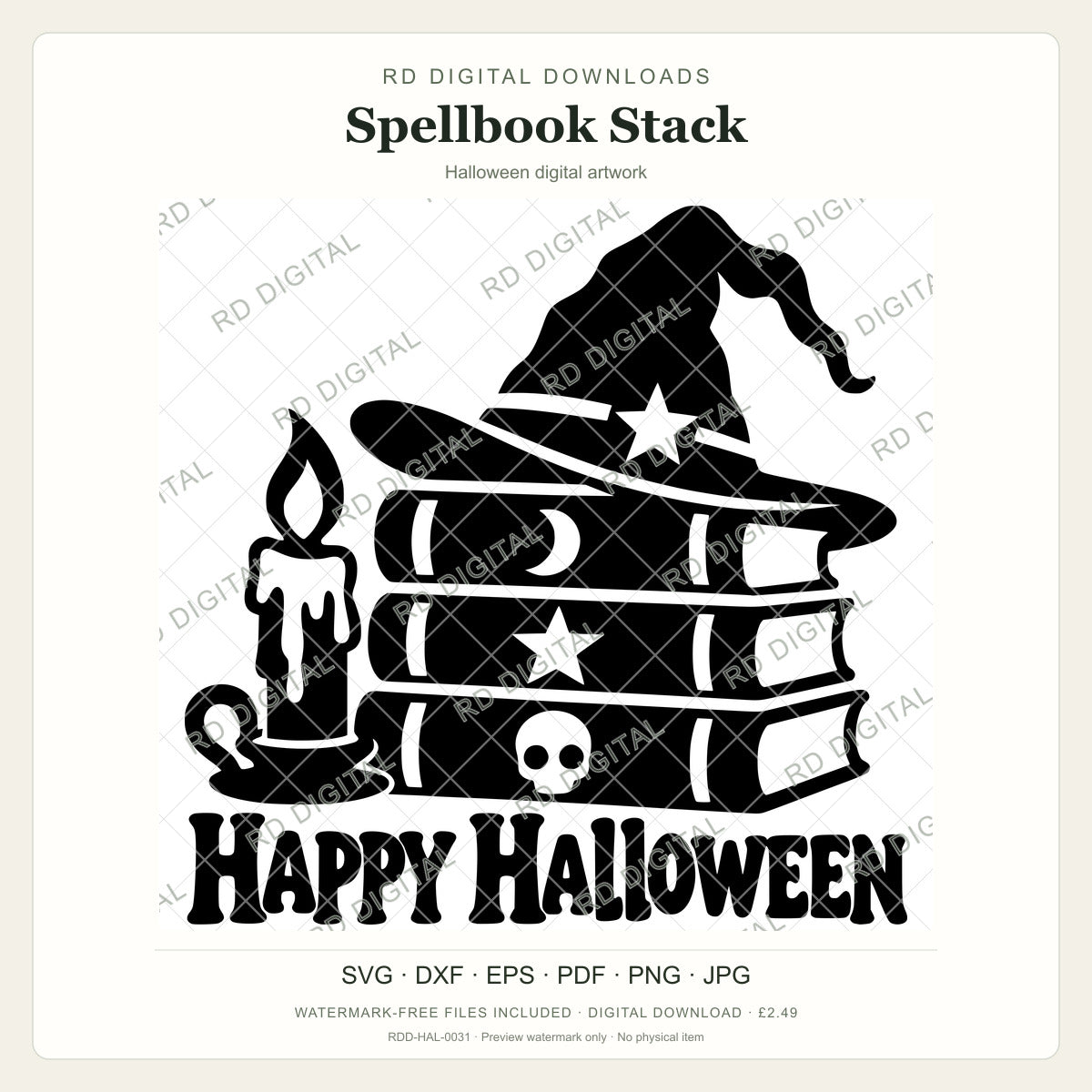Watermarked Spellbook Stack Halloween digital artwork; customer files are supplied without the watermark.