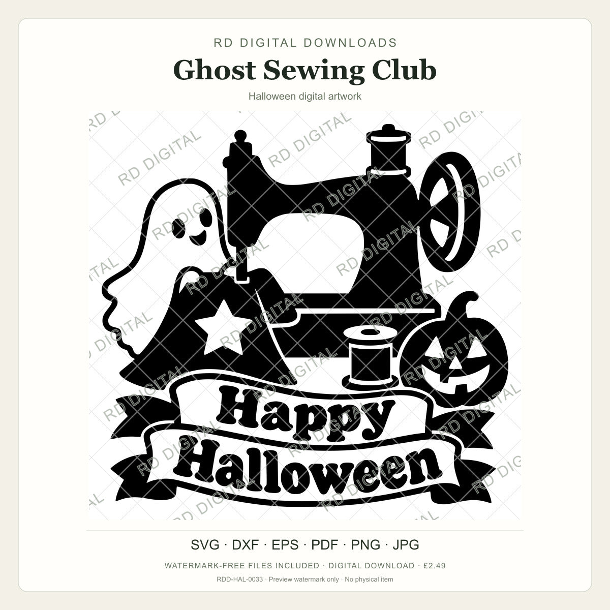 Watermarked Ghost Sewing Club Halloween digital artwork; customer files are supplied without the watermark.