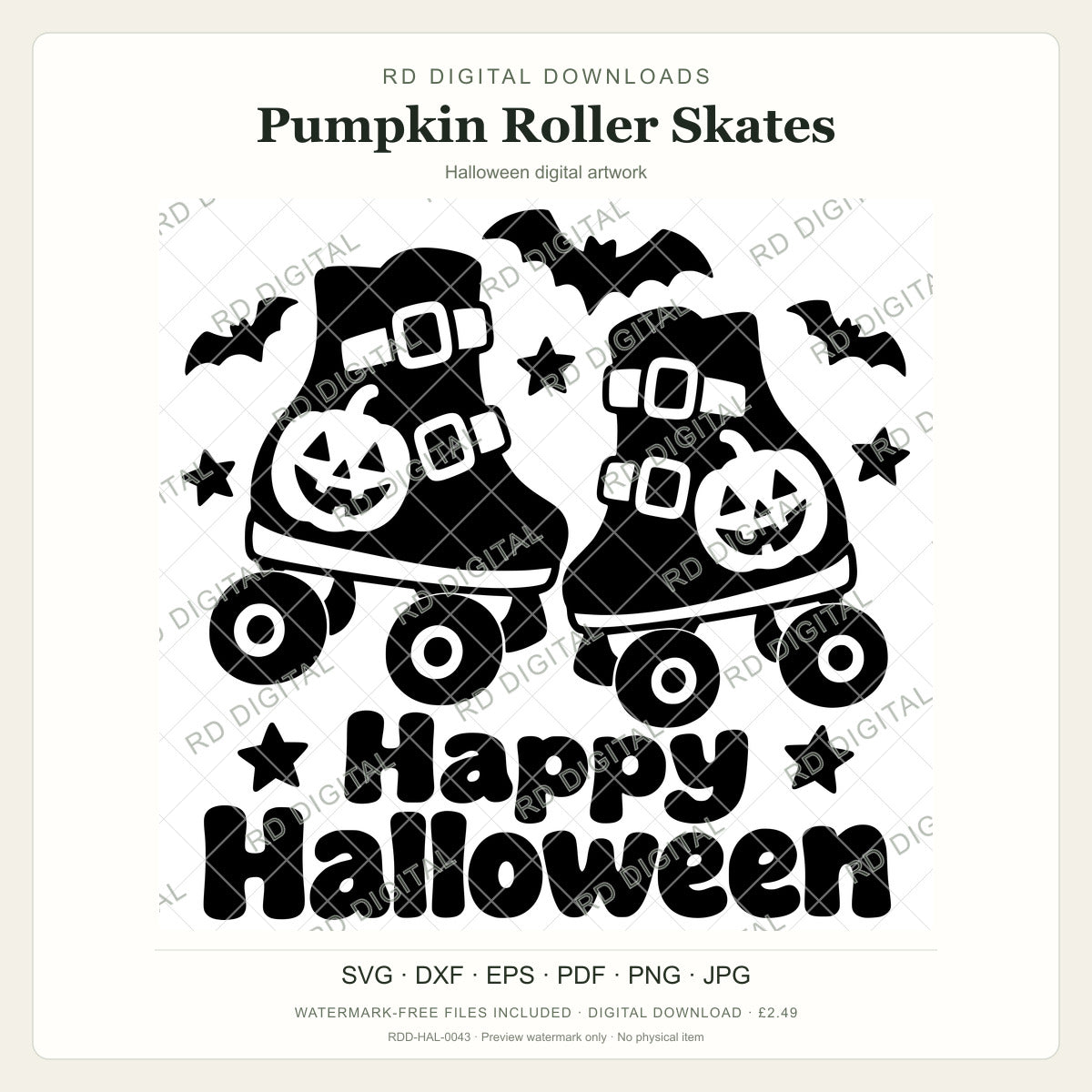 Watermarked Pumpkin Roller Skates Halloween digital artwork; customer files are supplied without the watermark.