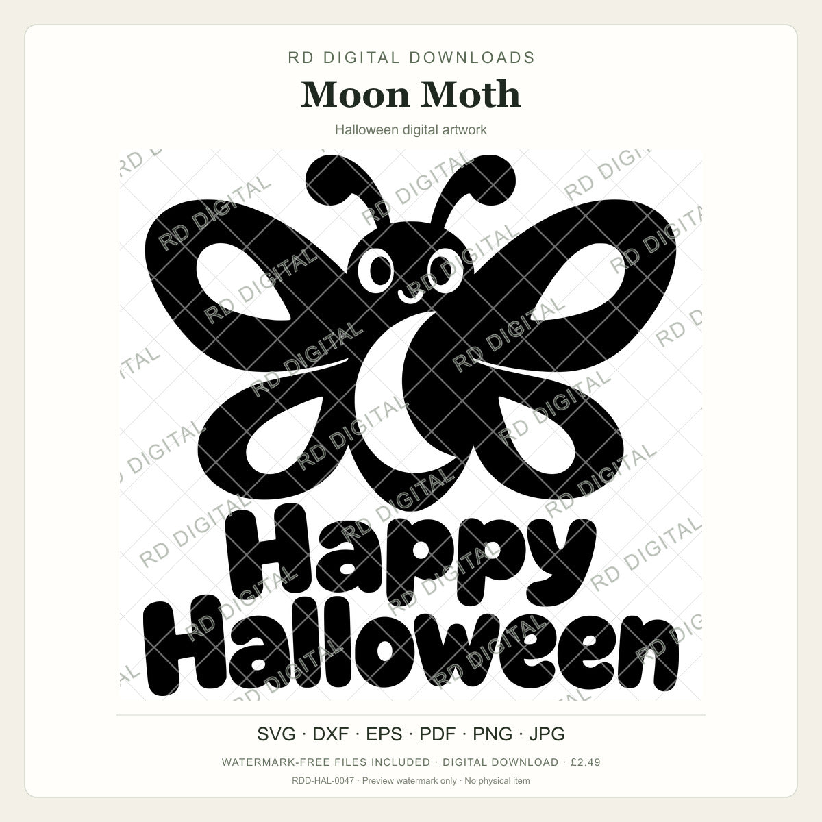 Watermarked Moon Moth Halloween digital artwork; customer files are supplied without the watermark.