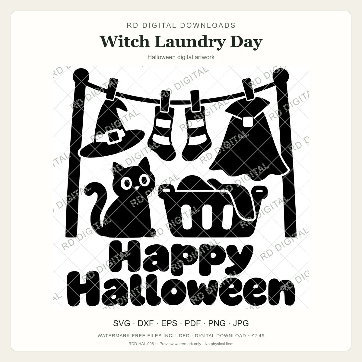 Watermarked Witch Laundry Day Halloween digital artwork; customer files are supplied without the watermark.