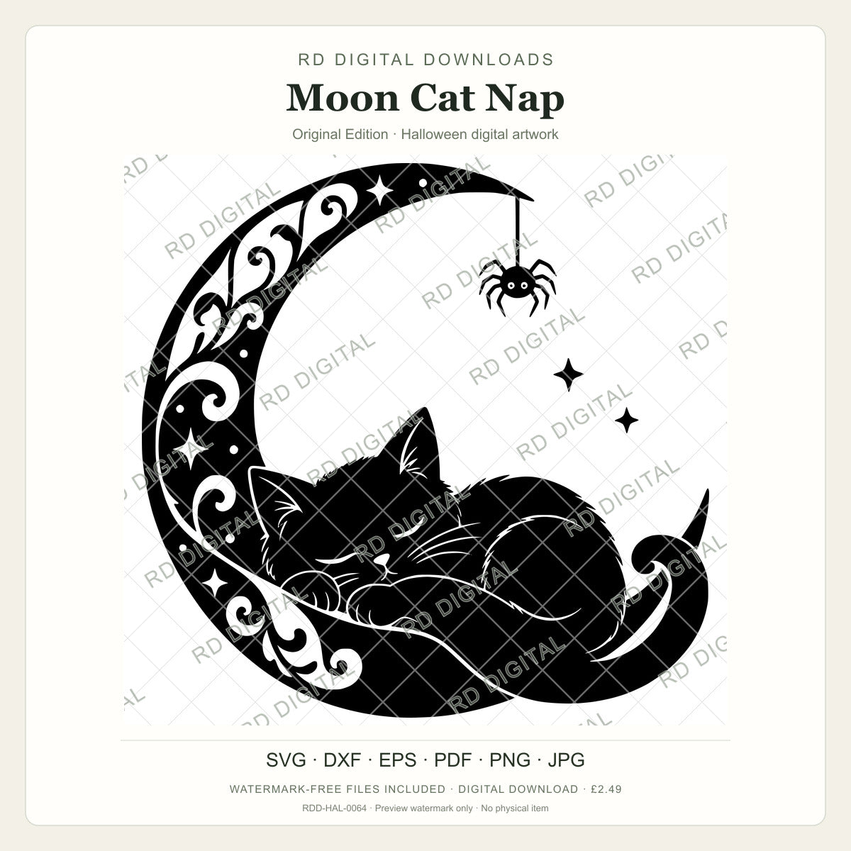 Watermarked Moon Cat Nap, Original Edition Halloween digital artwork; customer files are supplied without the watermark.
