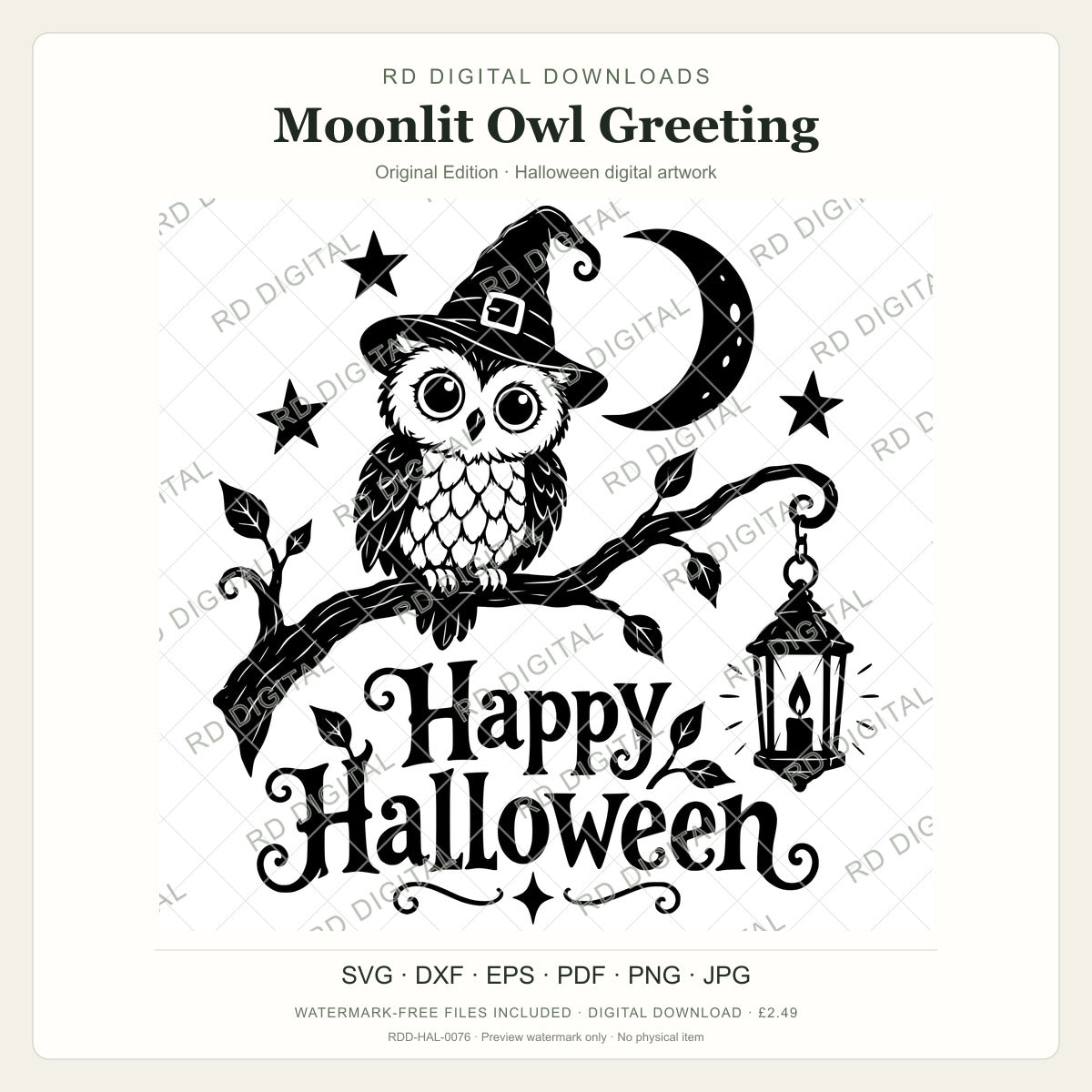 Watermarked Moonlit Owl Greeting, Original Edition Halloween digital artwork; customer files are supplied without the watermark.