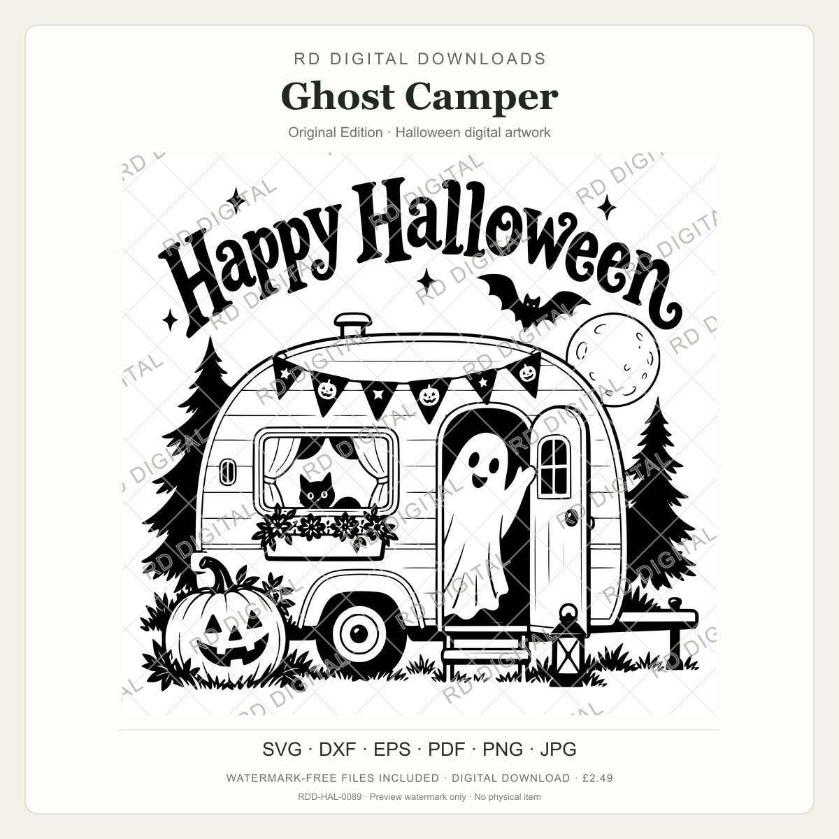 Watermarked Ghost Camper, Original Edition Halloween digital artwork; customer files are supplied without the watermark.