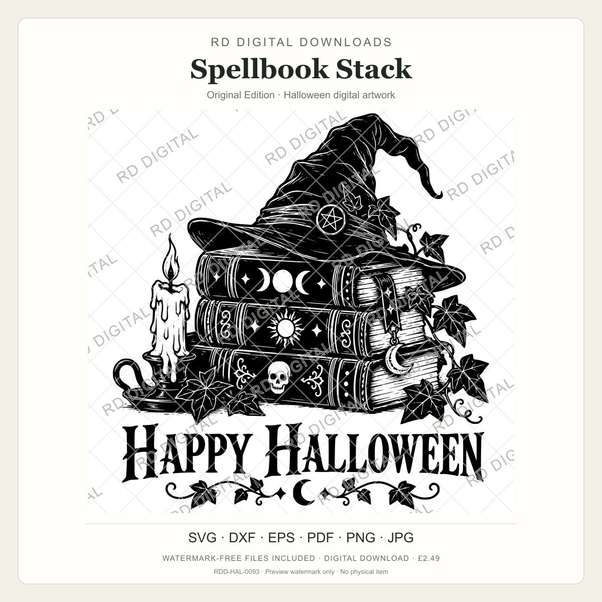 Watermarked Spellbook Stack, Original Edition Halloween digital artwork; customer files are supplied without the watermark.