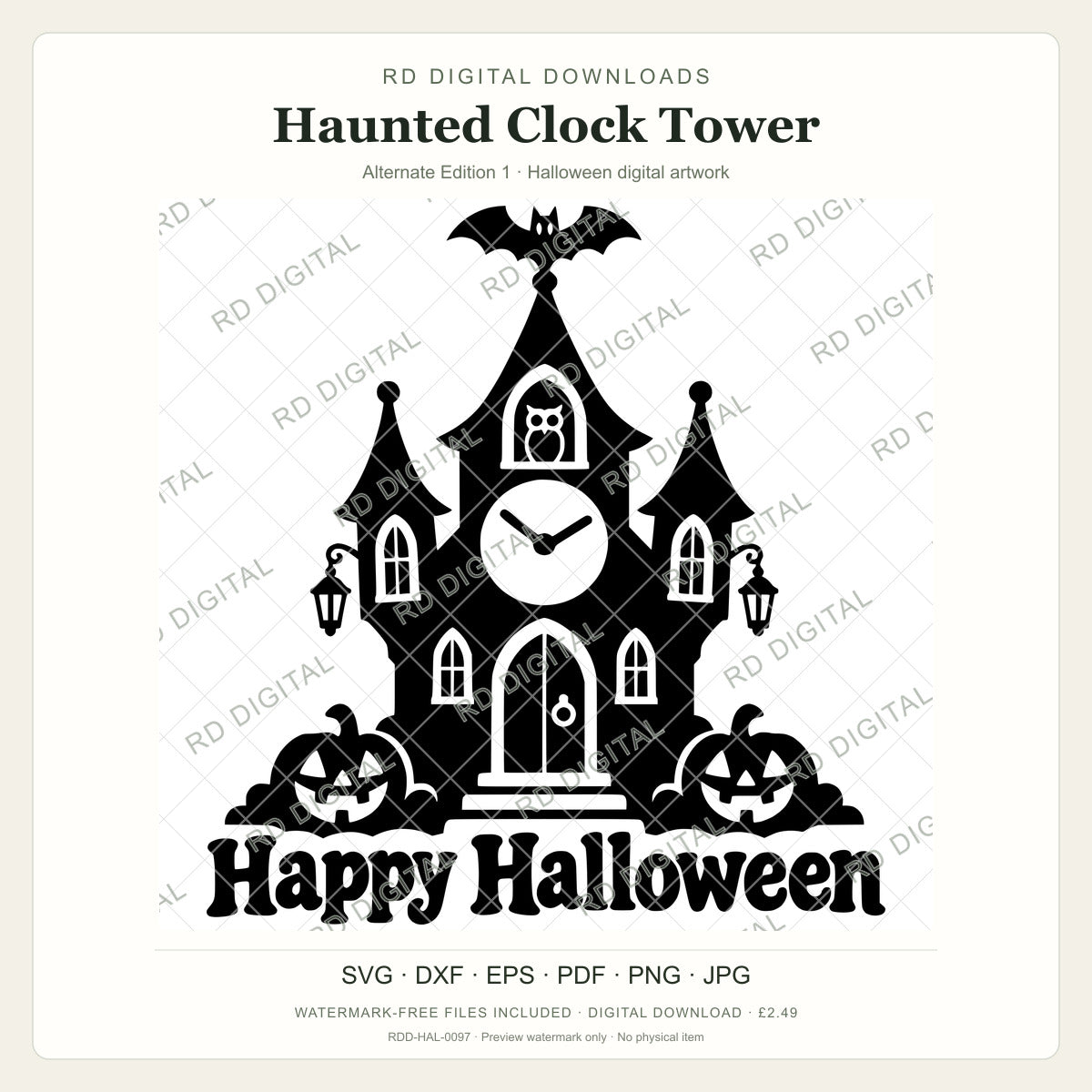 Watermarked Haunted Clock Tower, Alternate Edition 1 Halloween digital artwork; customer files are supplied without the watermark.