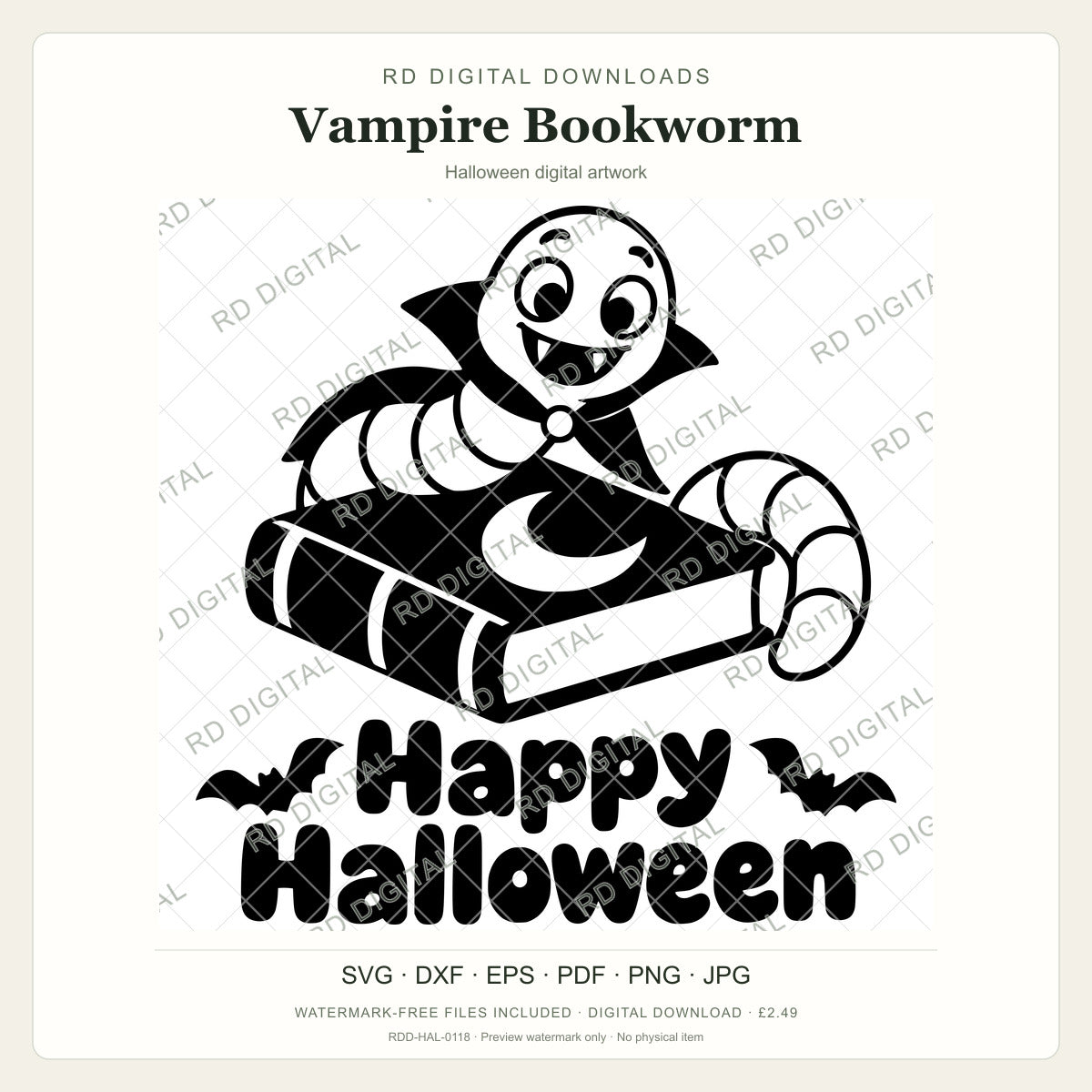 Watermarked Vampire Bookworm Halloween digital artwork; customer files are supplied without the watermark.