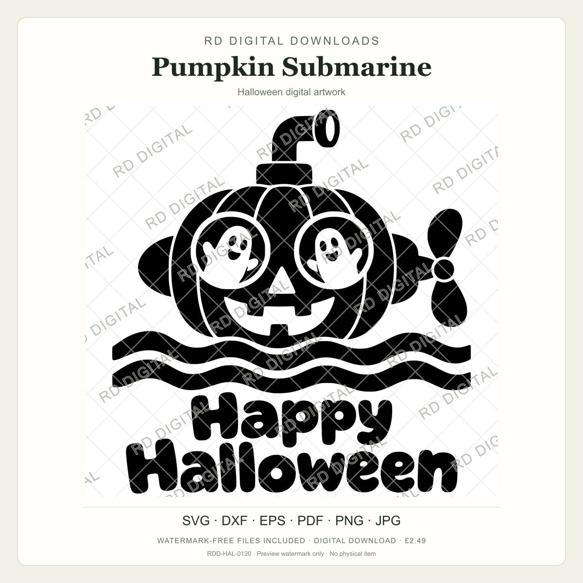 Watermarked Pumpkin Submarine Halloween digital artwork; customer files are supplied without the watermark.