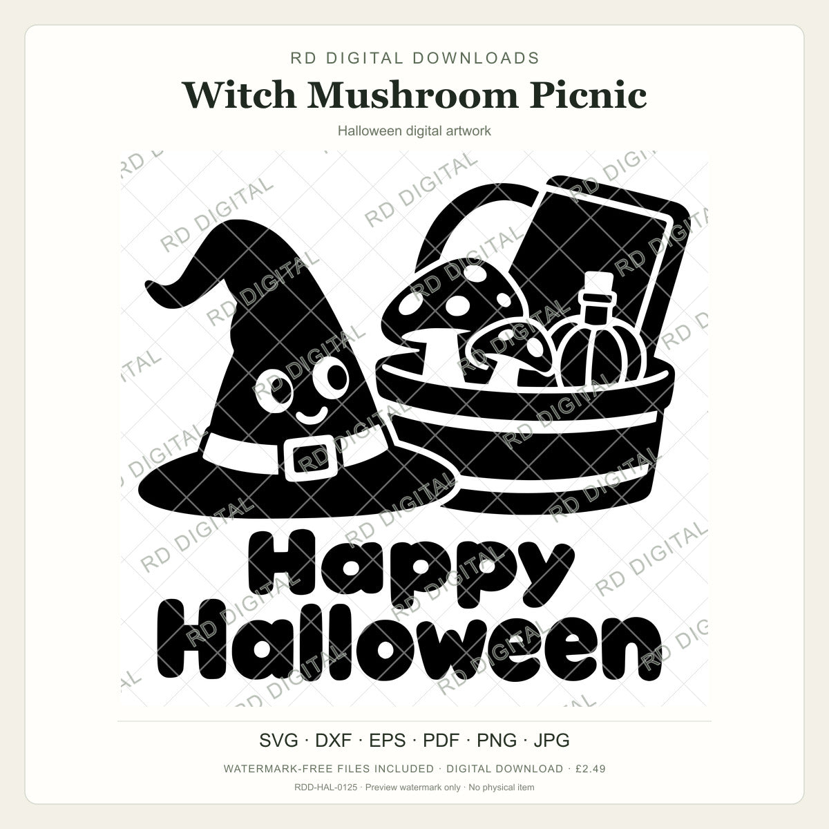 Watermarked Witch Mushroom Picnic Halloween digital artwork; customer files are supplied without the watermark.