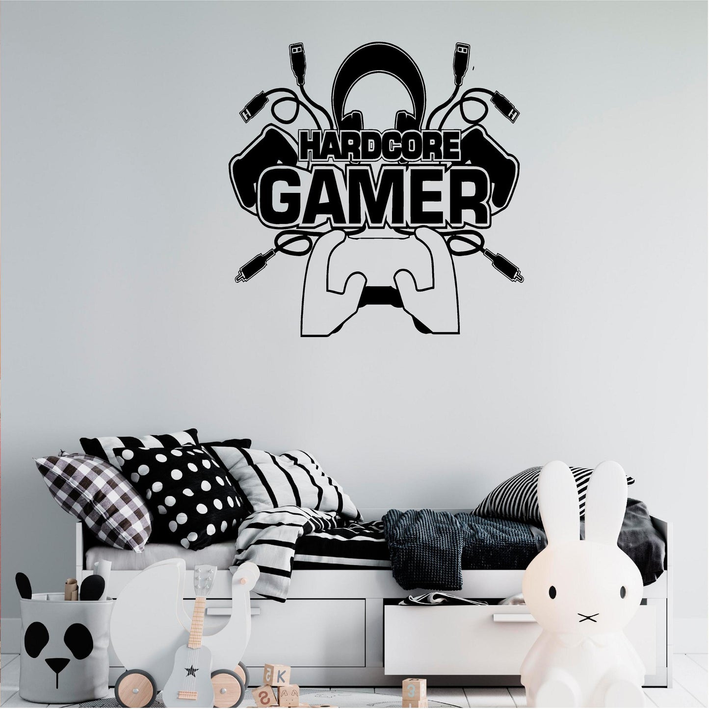 Black Hardcore Gamer wall decal above a child's bed