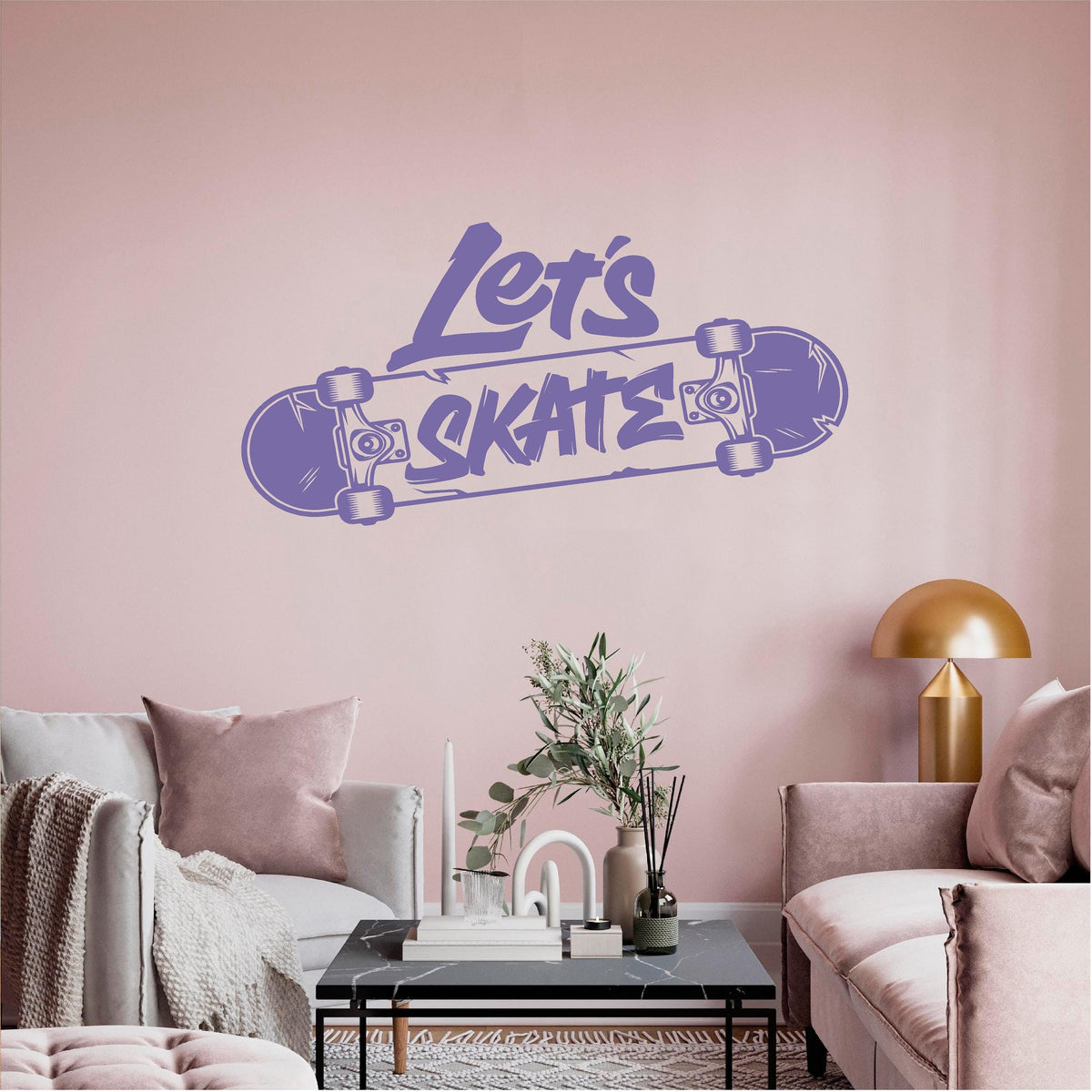Purple Let's Skate wall decal in a pink sitting room
