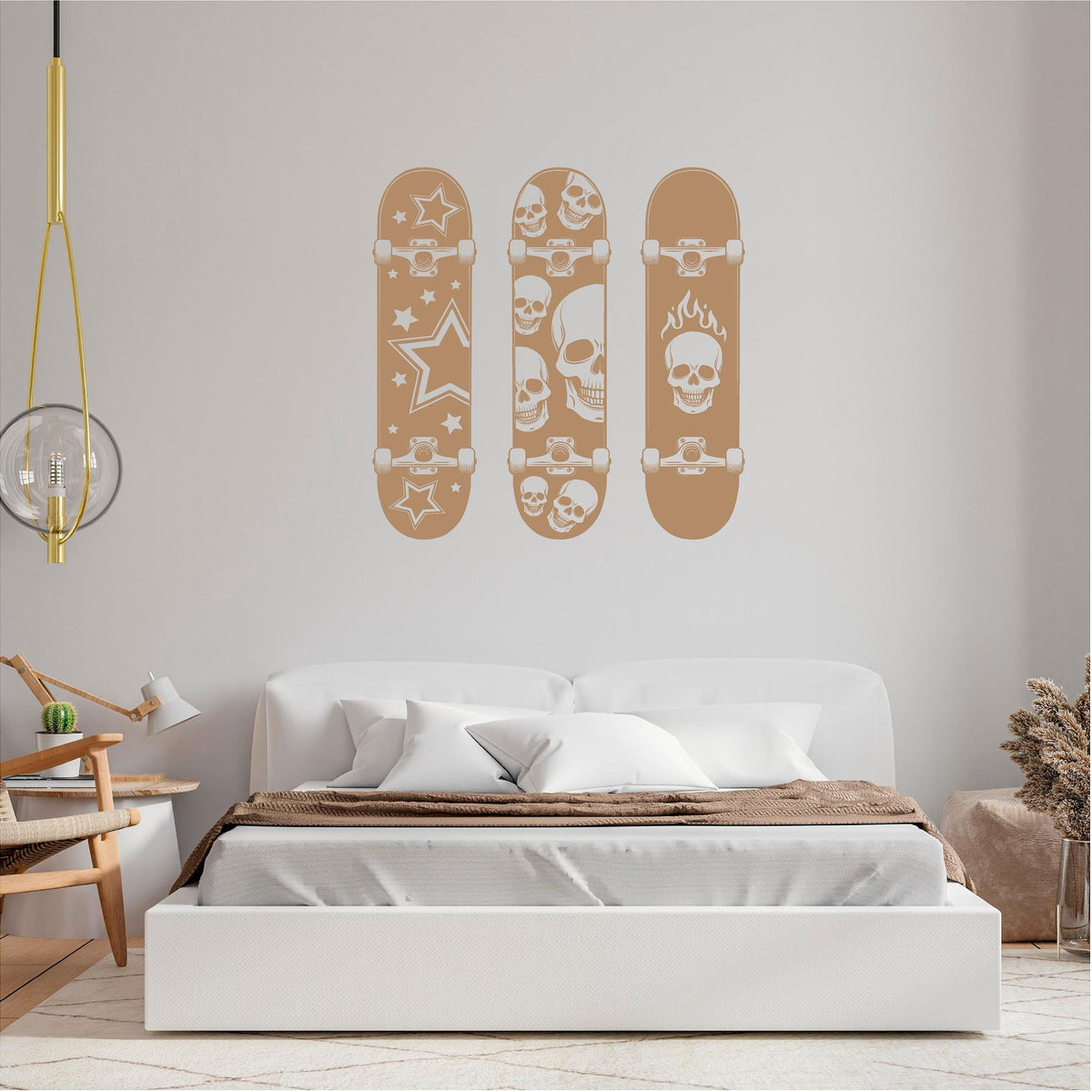 Tan skateboard wall decal set above a double bed