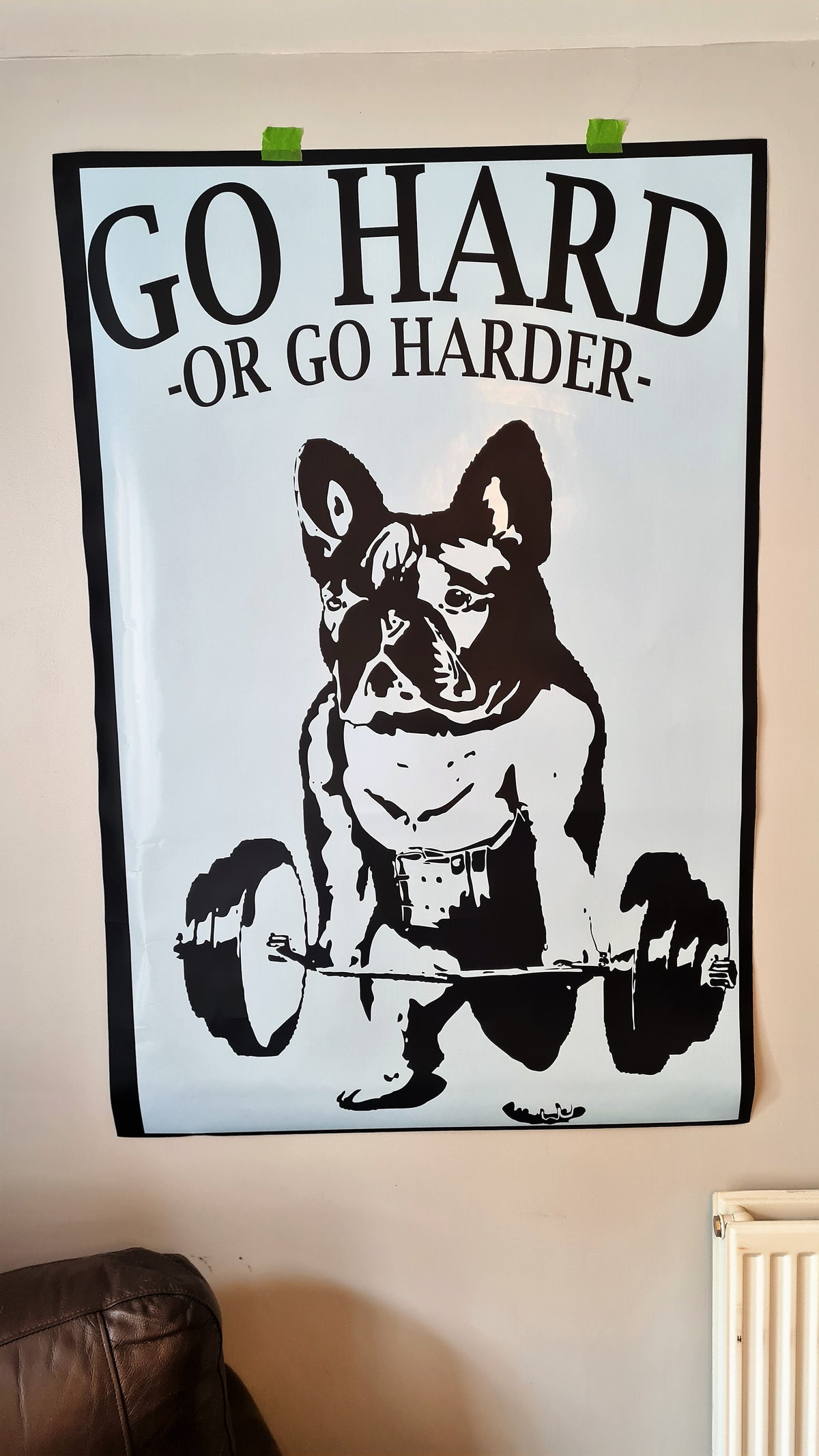 Bulldog home gym — prepared vinyl lettering or artwork, workshop photograph