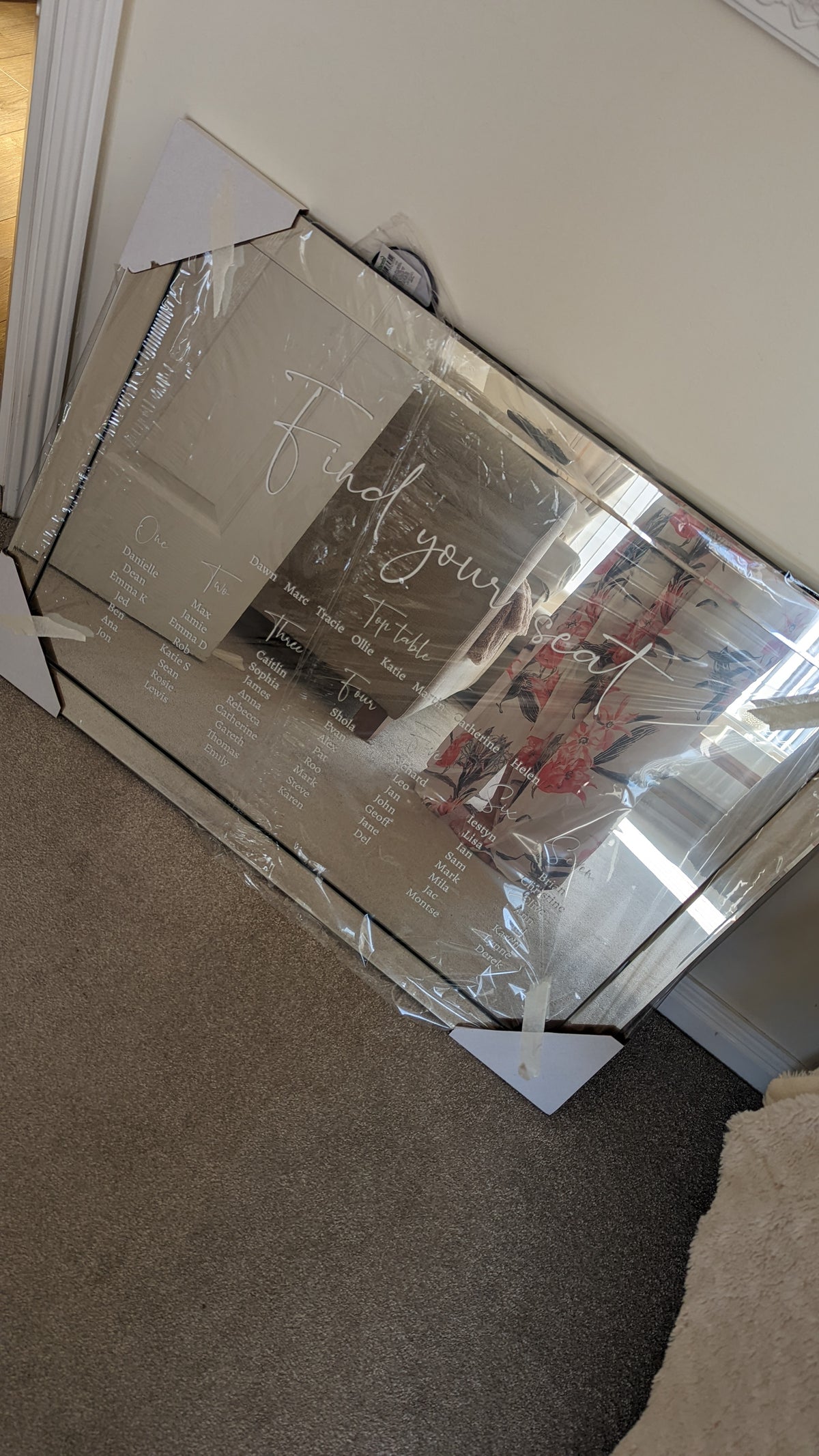 Mirror wedding seating plan — original project photograph