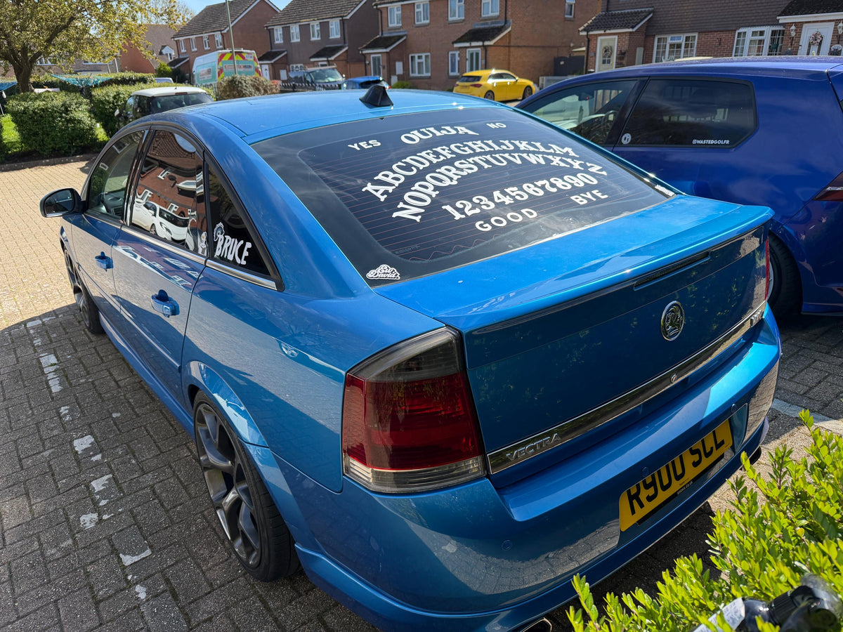 Ouija rear window graphic — original project photograph