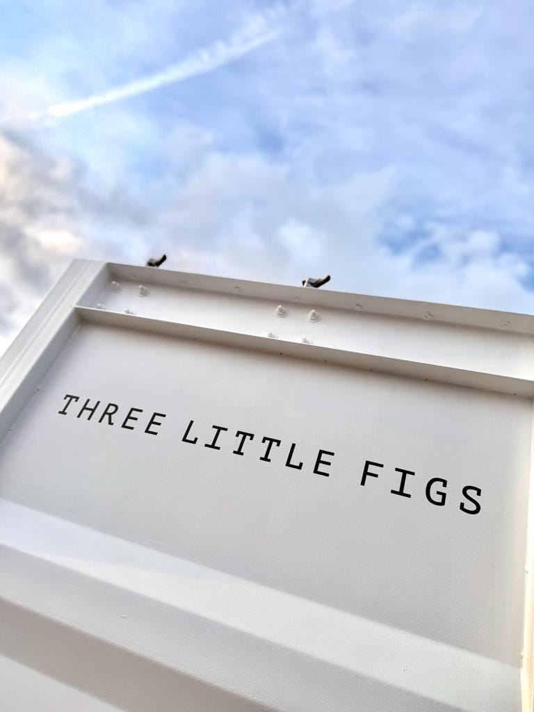 Three Little Figs container lettering — original project photograph