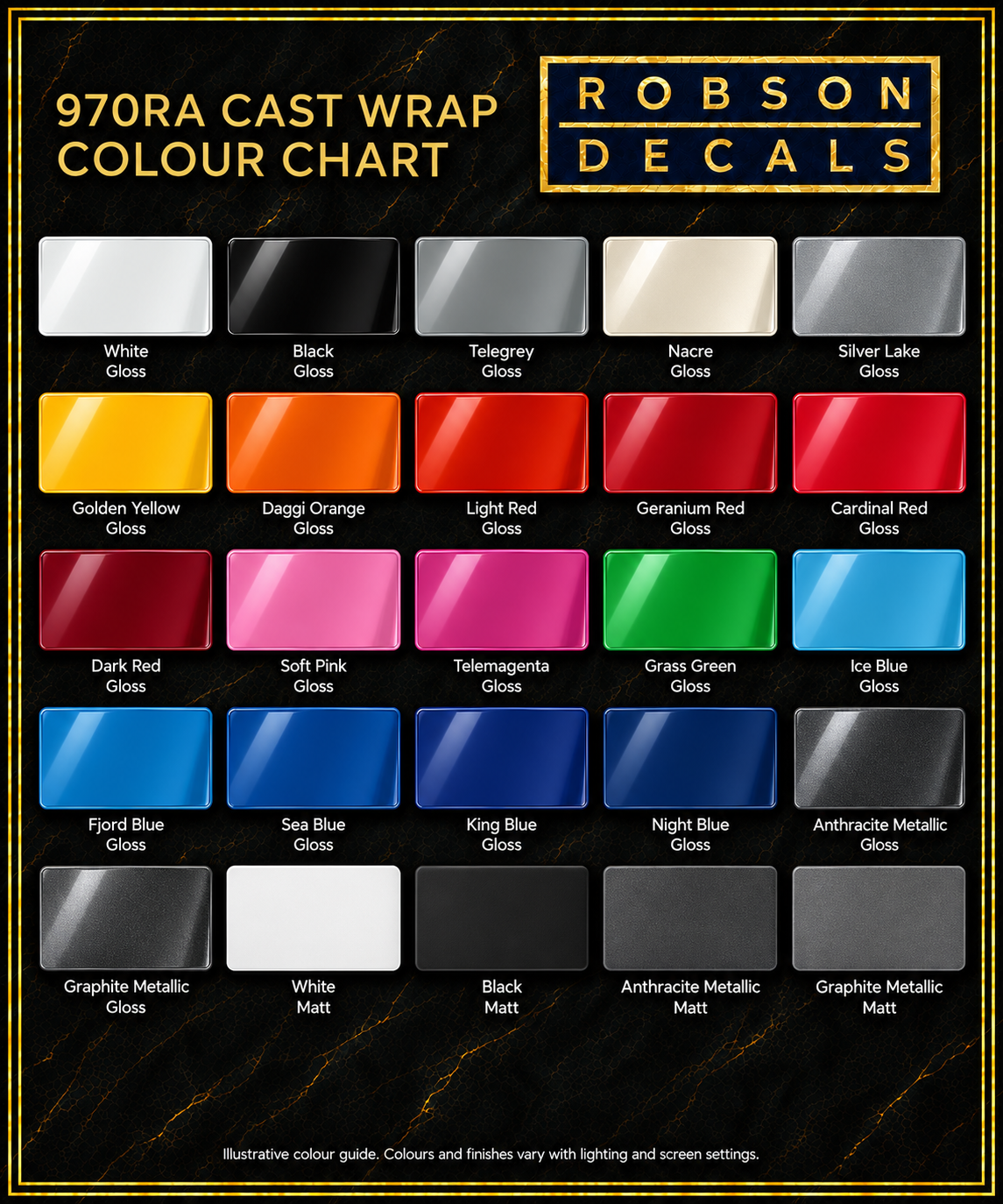 Illustrative 970RA cast wrapping film colour chart with 25 gloss, matt, metallic and pearl-effect colour and finish options.