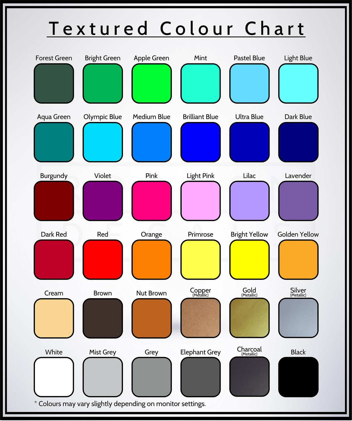 Robson Decals textured colour chart showing 36 vinyl colours, including metallic Copper, Gold, Silver and Charcoal. Colours may vary with monitor settings.