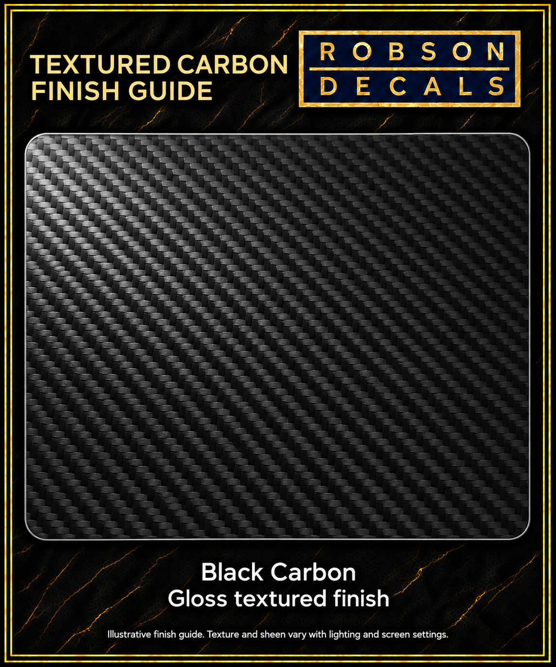 Illustrative black textured carbon-fibre-effect wrapping vinyl with directional gloss sheen. Texture and sheen vary with lighting and screen settings.