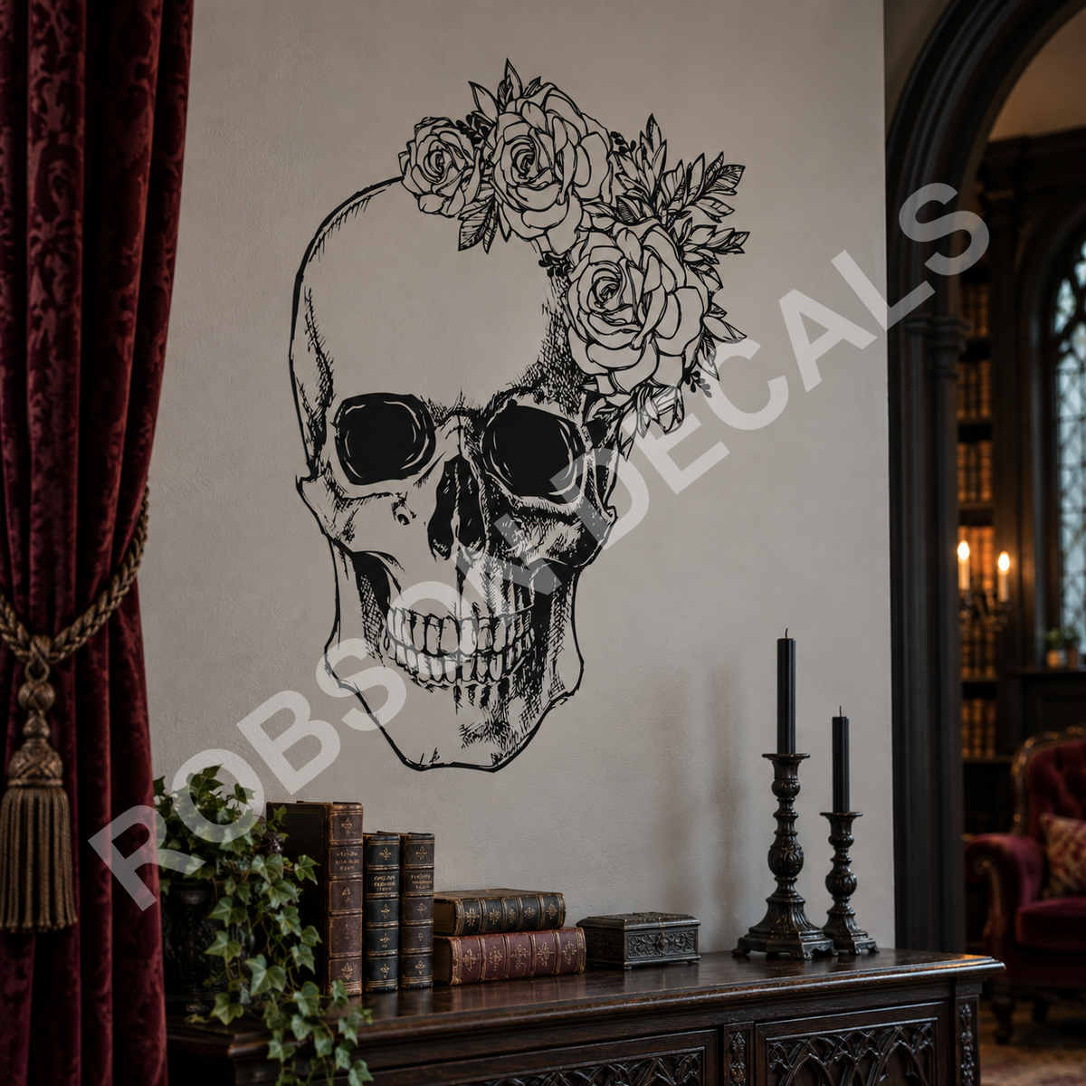 Flower Skull in matt black on a wall, illustrative mock-up.