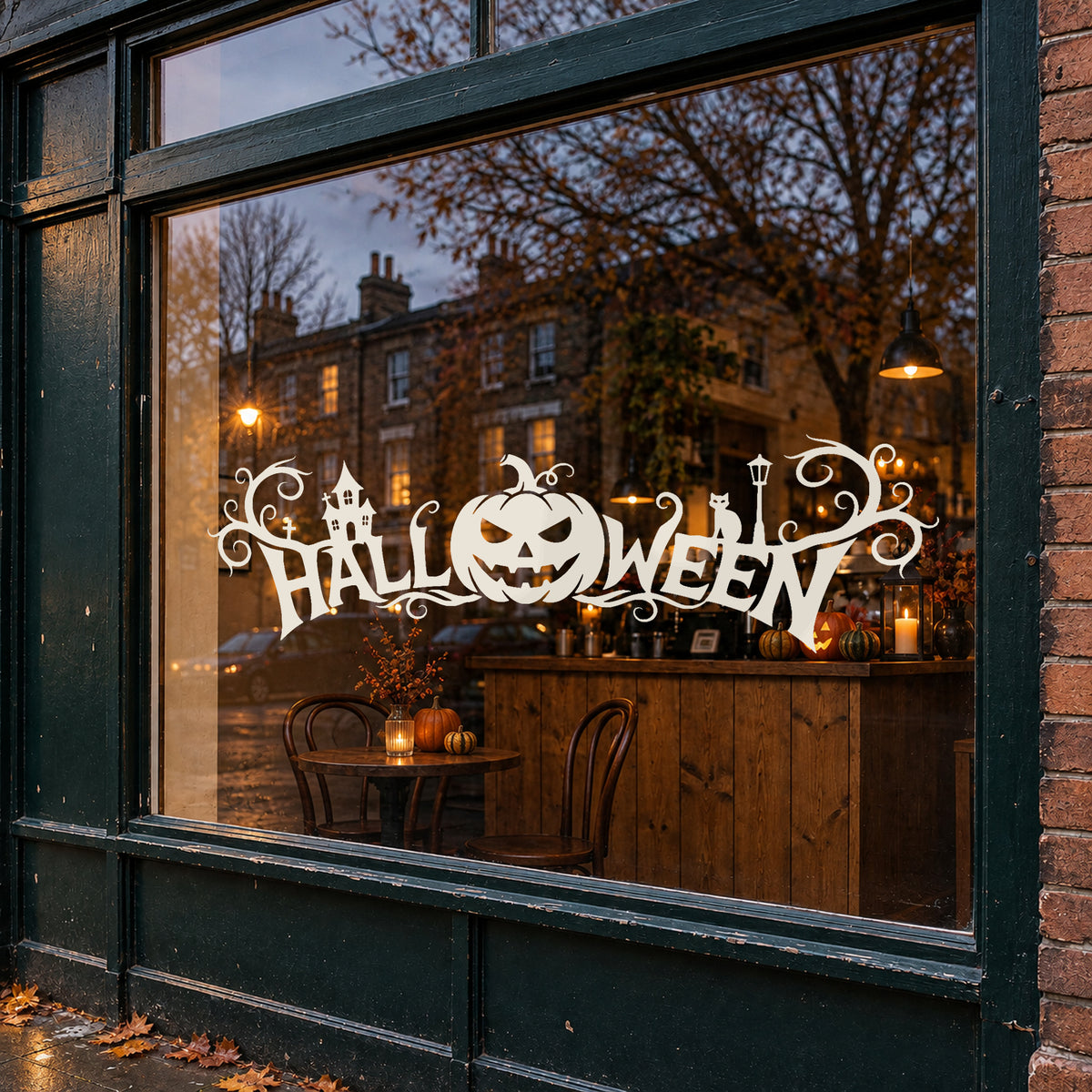 Halloween banner decal on a reflective shop window at autumn dusk.