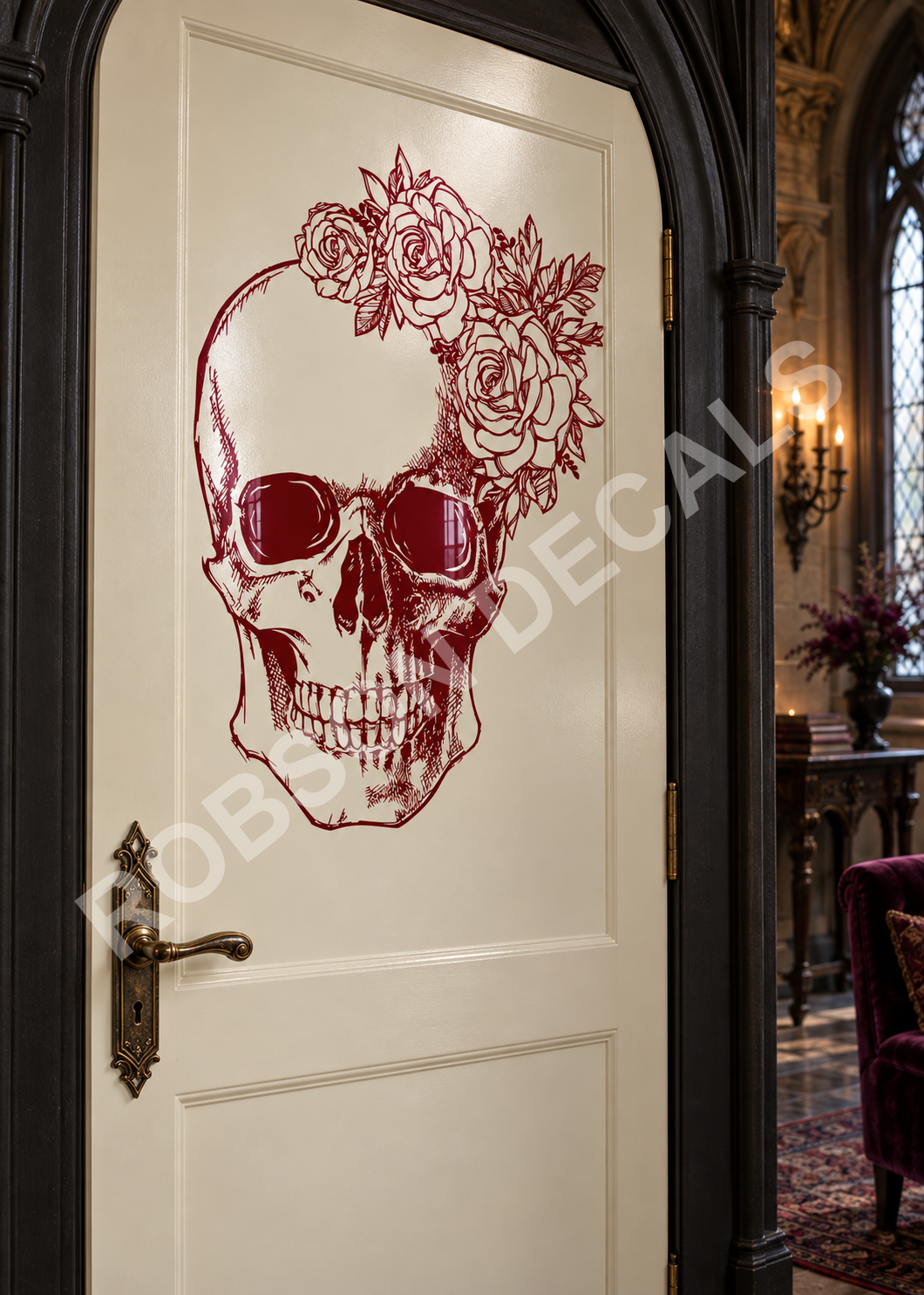 Flower Skull in burgundy gloss on a door, illustrative mock-up.