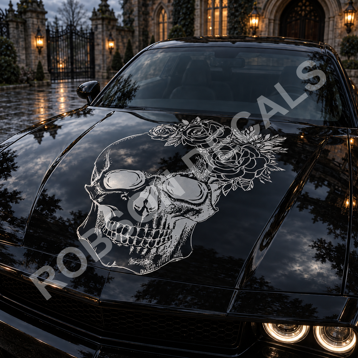 Flower Skull in silver metallic on a car bonnet, illustrative mock-up.