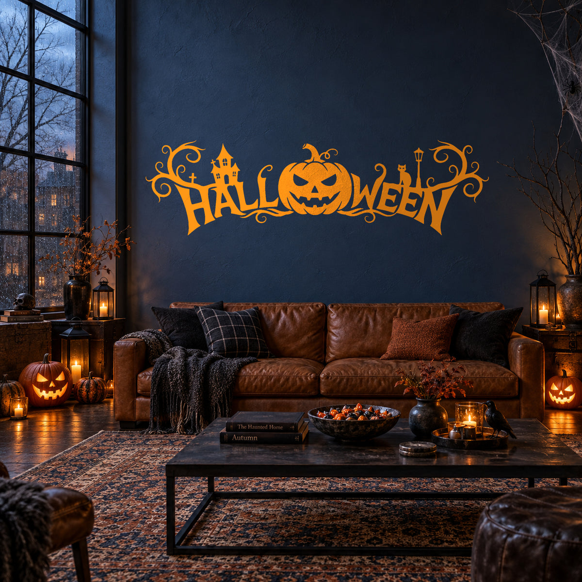Orange Halloween banner decal in a spooky navy lounge.