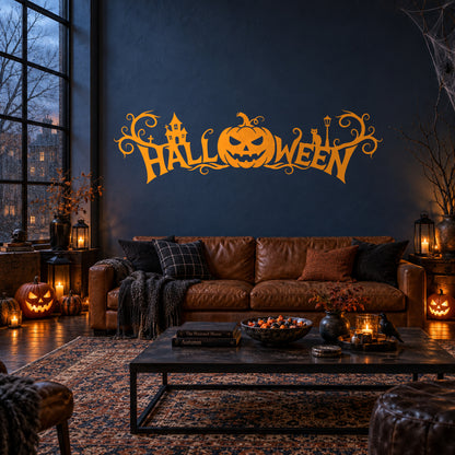 Orange Halloween banner decal in a spooky navy lounge.