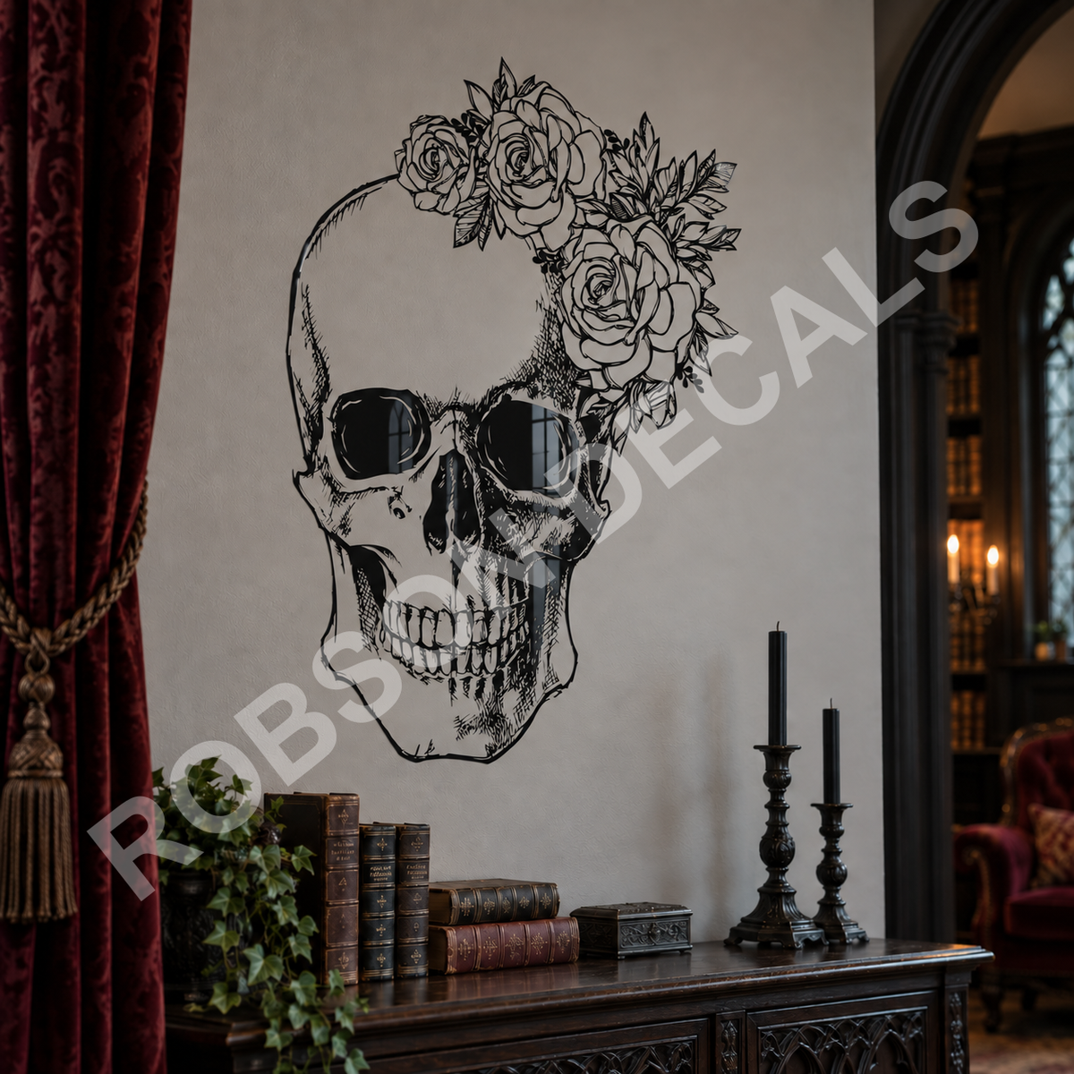 Flower Skull in gloss black on a wall, illustrative mock-up.