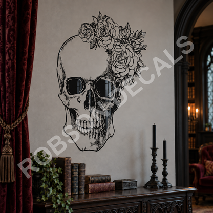 Flower Skull in gloss black on a wall, illustrative mock-up.