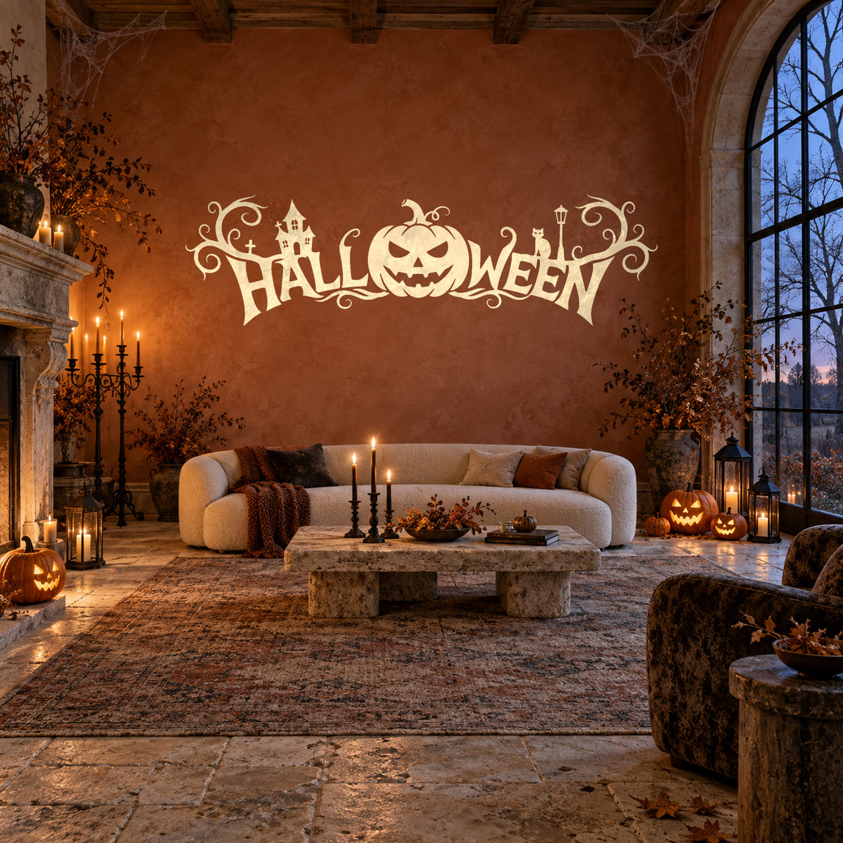 Cream Halloween banner decal in a candlelit manor lounge.