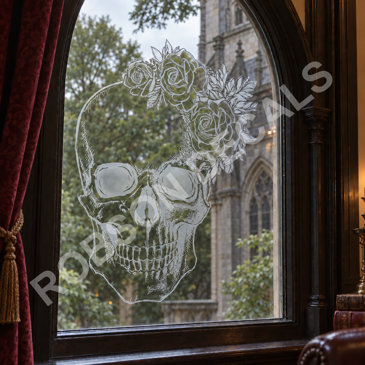 Flower Skull frosted window-etch concept; custom material available by enquiry.