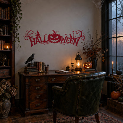 Burgundy Halloween banner decal in a spooky Victorian study.