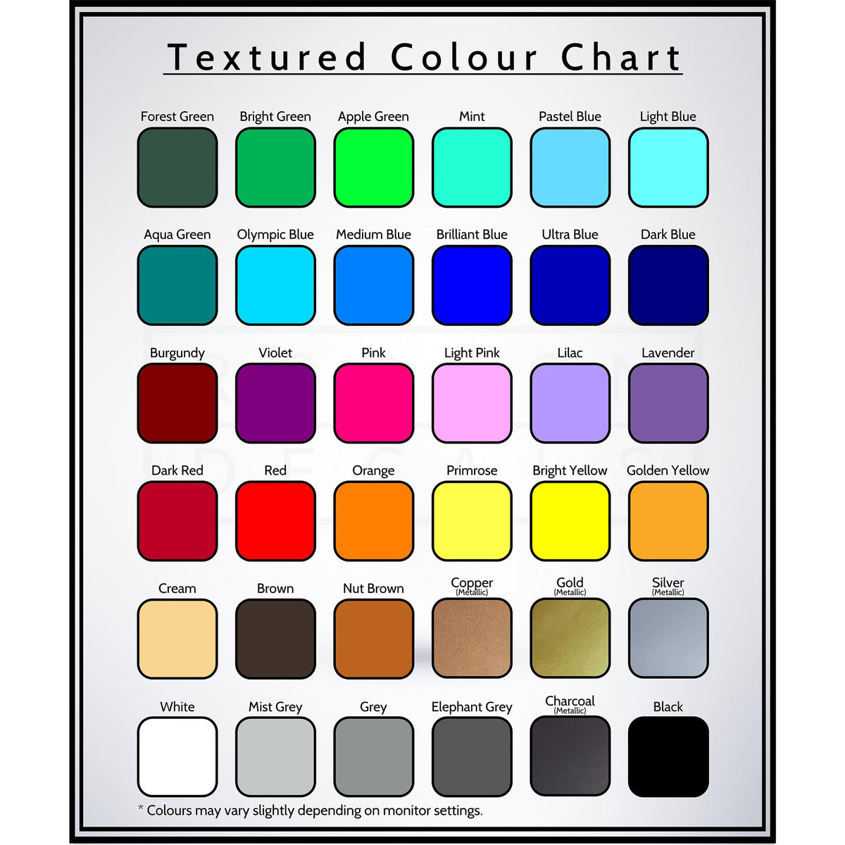 Robson Decals 36-colour vinyl chart, square 2000 by 2000 image.