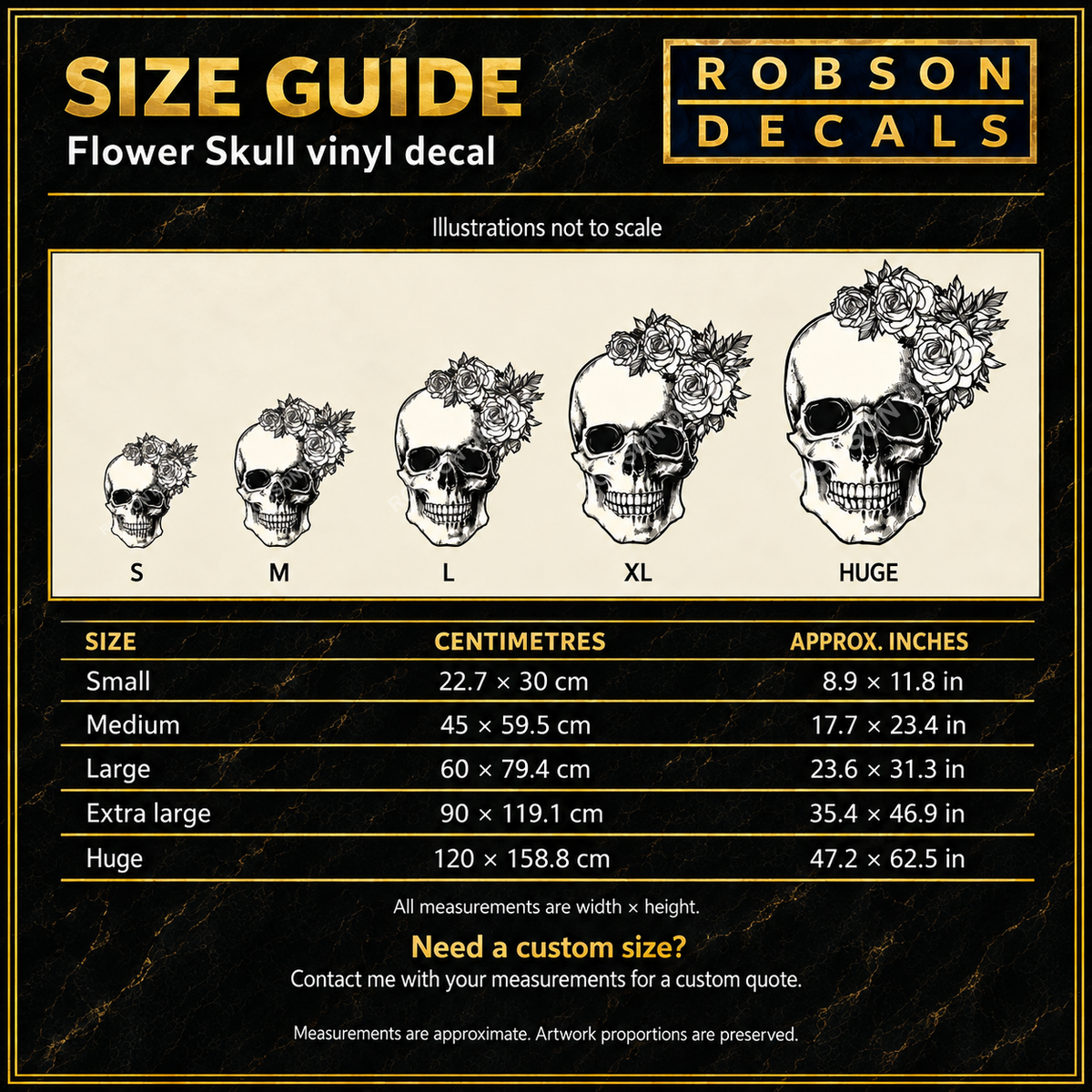 Flower Skull size guide: five sizes from 22.7 by 30 cm to 120 by 158.8 cm, width by height.