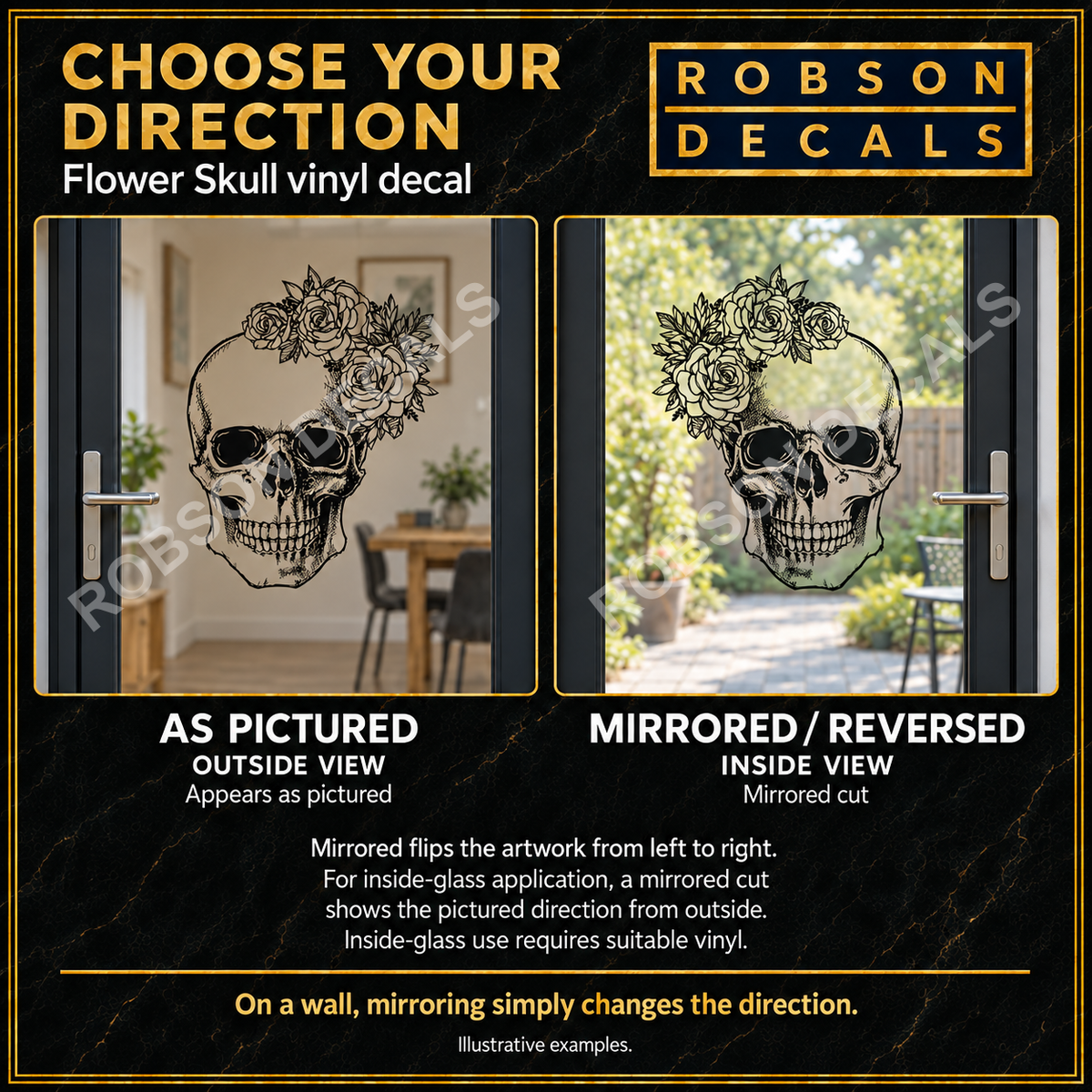 Flower Skull as pictured and mirrored or reversed image direction guide.