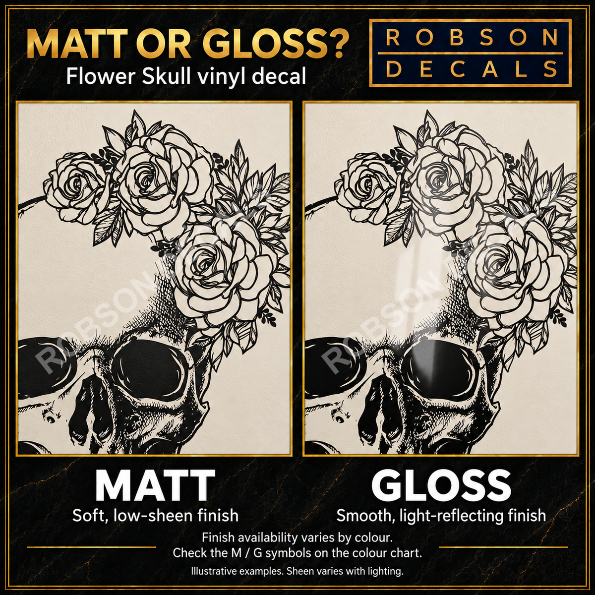 Flower Skull matt and gloss finish guide; available finishes depend on the selected colour.