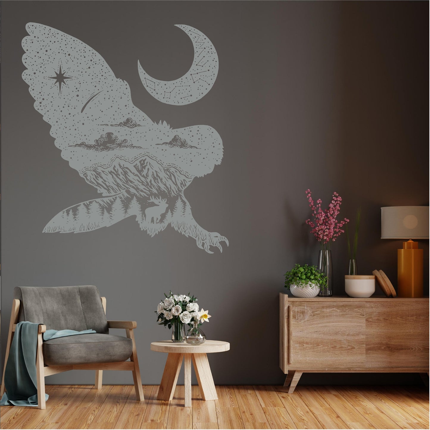 Flying Owl Mountain Scene Stars Landscape