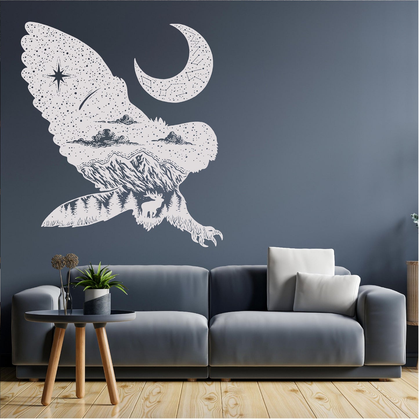 Flying Owl Mountain Scene Stars Landscape